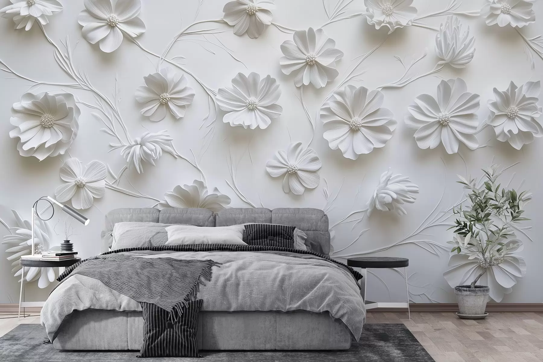 murales de pared Composición de flores blancas en relieve de estilo minimalista y sofisticado w01828