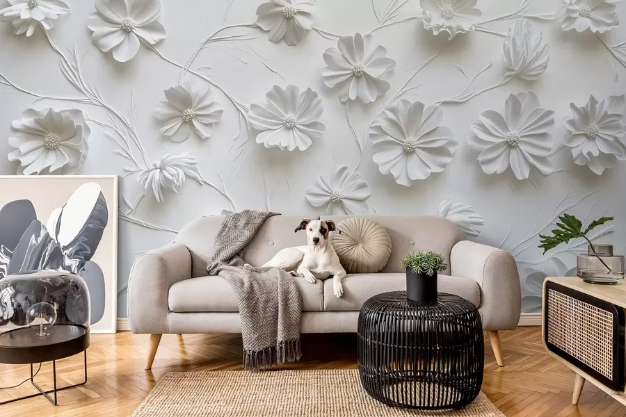 murales de pared Composición de flores blancas en relieve de estilo minimalista y sofisticado w01828