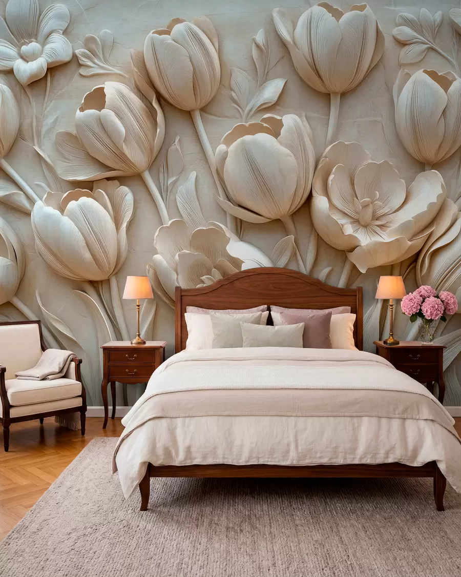 murales de pared arte floral en 3D con elegantes tulipanes de color beige w01851
