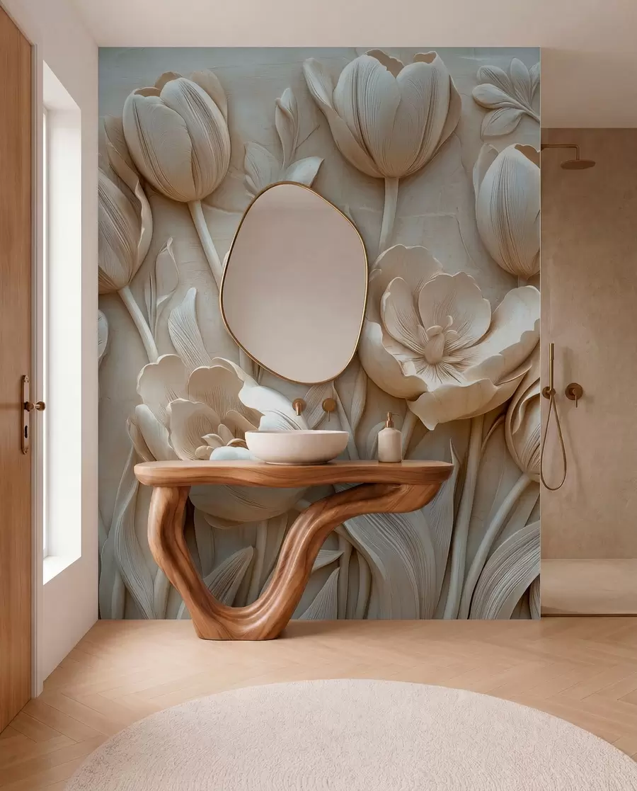 murales de pared arte floral en 3D con elegantes tulipanes de color beige w01851