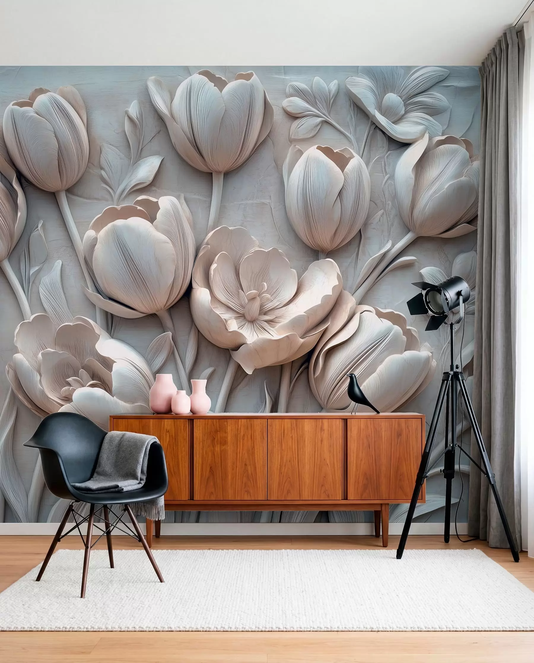 murales de pared arte floral en 3D con elegantes tulipanes en color gris w01851v1