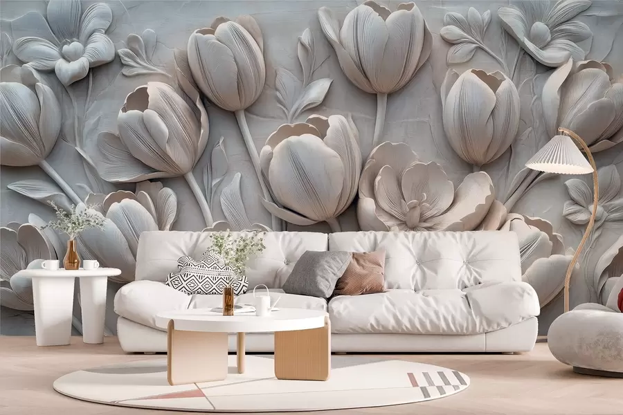 murales de pared arte floral en 3D con elegantes tulipanes en color gris w01851v1