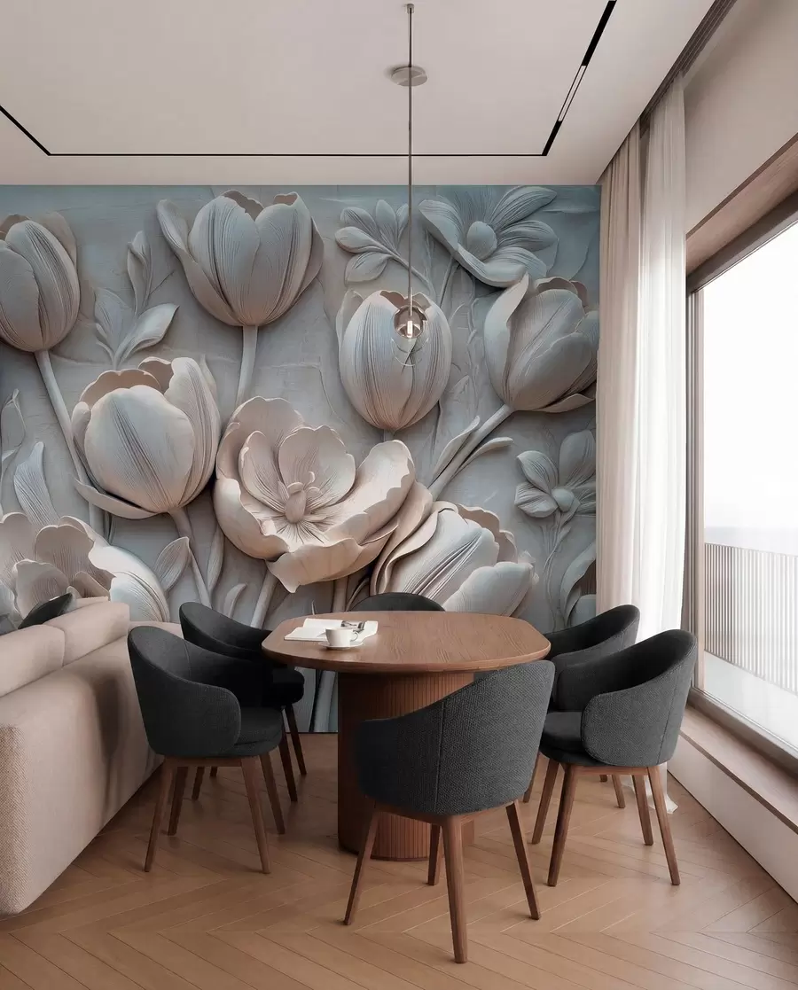 murales de pared arte floral en 3D con elegantes tulipanes en color gris w01851v1