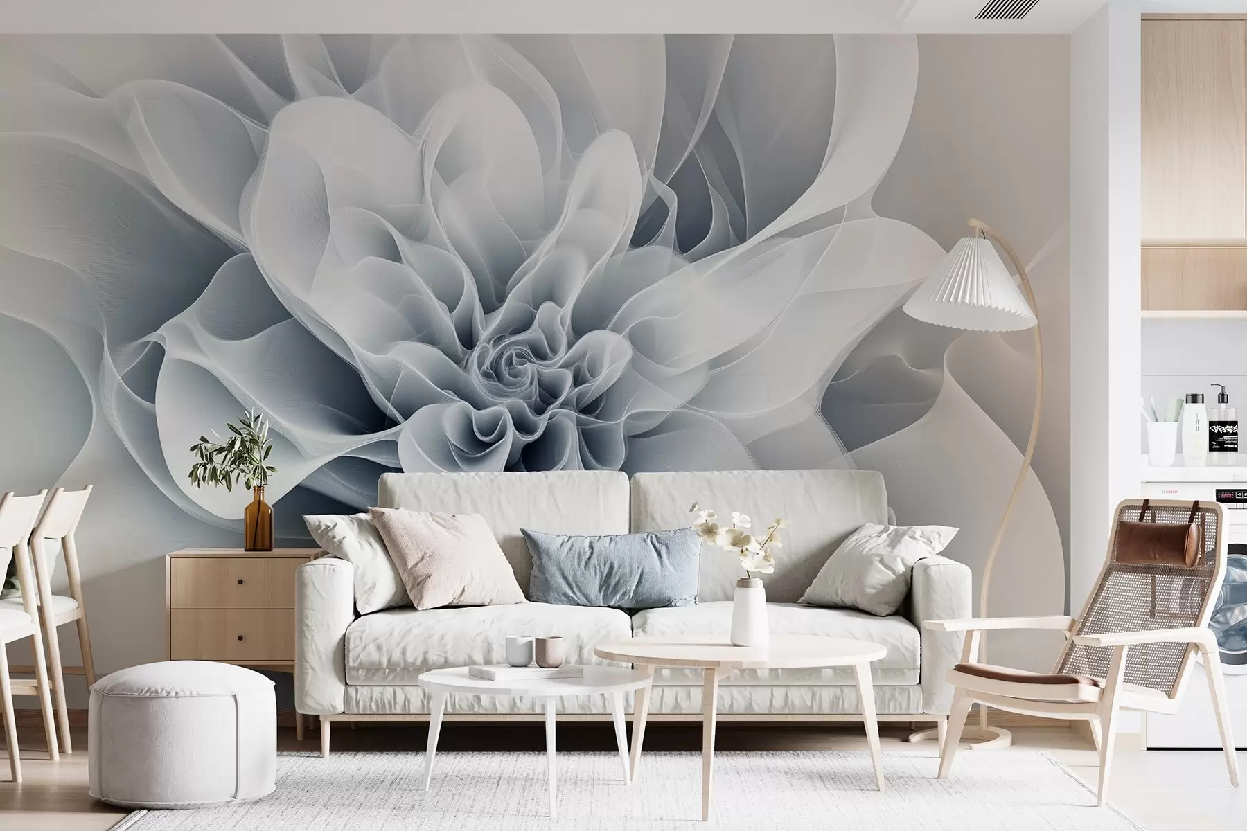 murales de pared Elegante imagen abstracta de una flor con líneas suaves en azul w01853