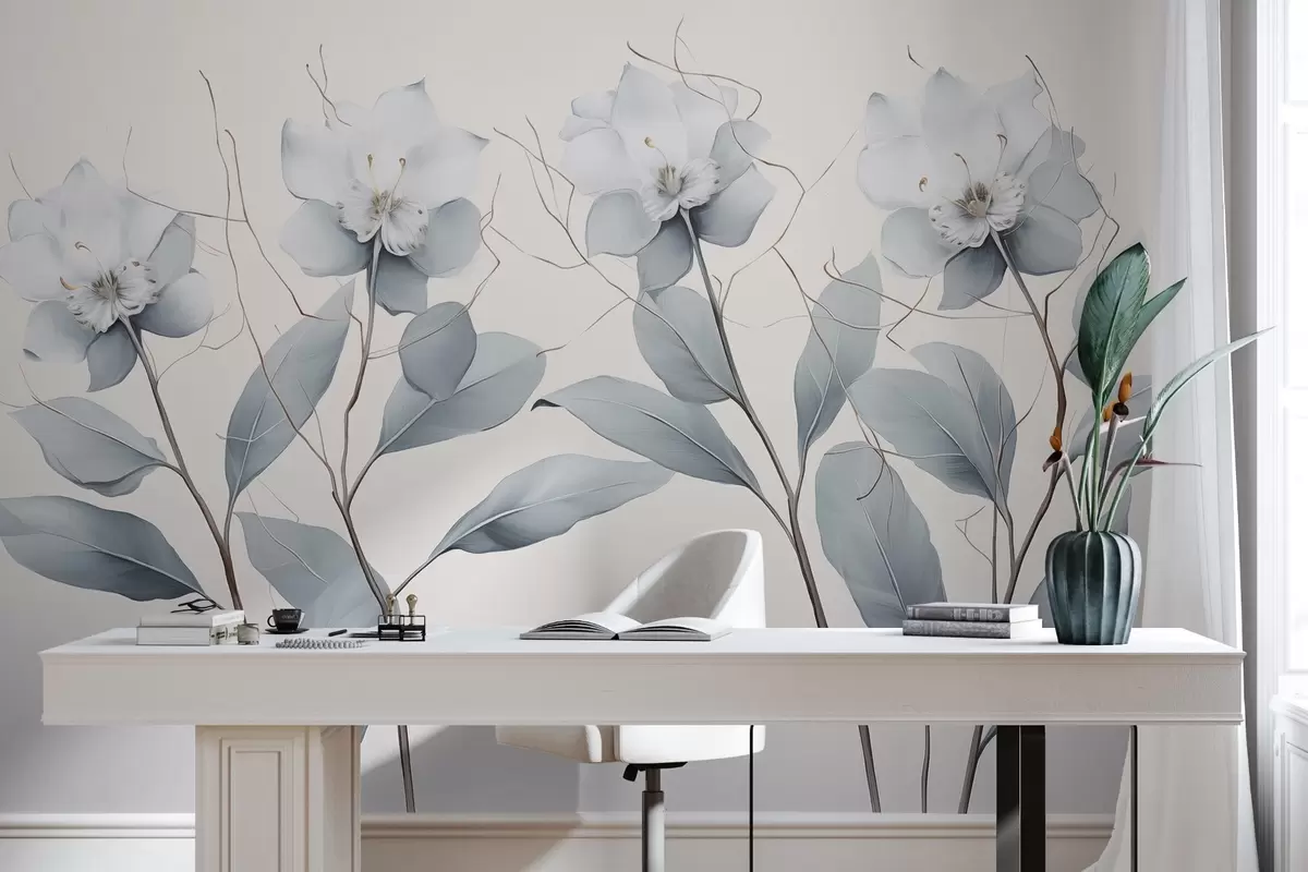 murales de pared Flores acrílicas, minimalismo, paleta de colores grises  w01883
