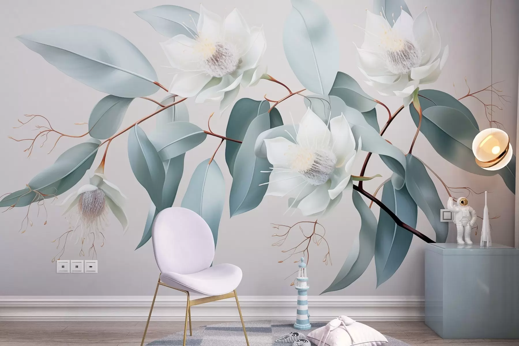 murales de pared Flores de jazmín en la rama, acrílico, colores grises suaves w01885