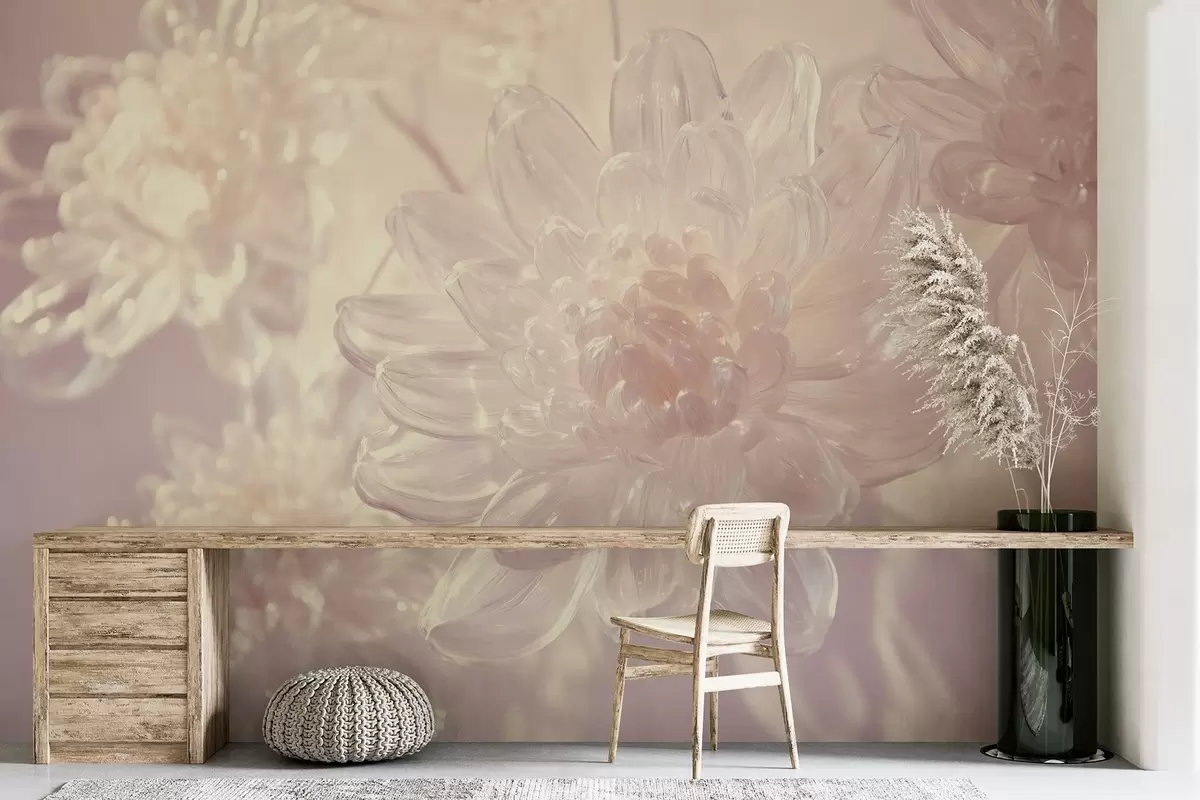 murales de pared Crisantemos silvestres de cristal, una composición delicada y aérea en tonos rosados w01935v1