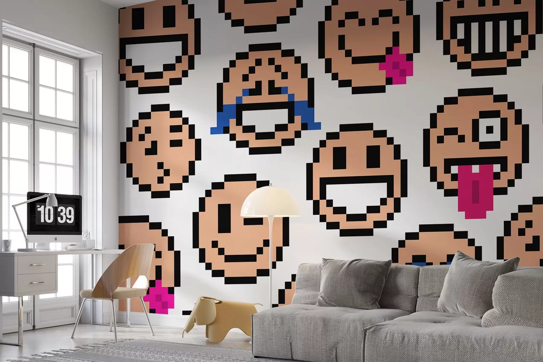 murales de pared Pixel art smileys, color rosa w01942v1