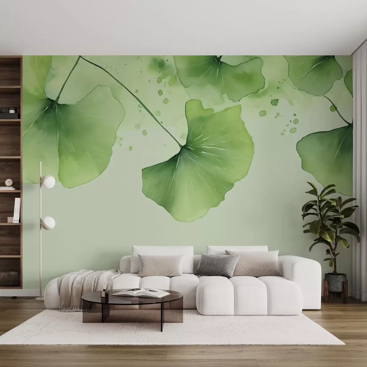 murales de pared Hojas de ginkgo en estilo acuarela húmeda difuminada, color verde w01944