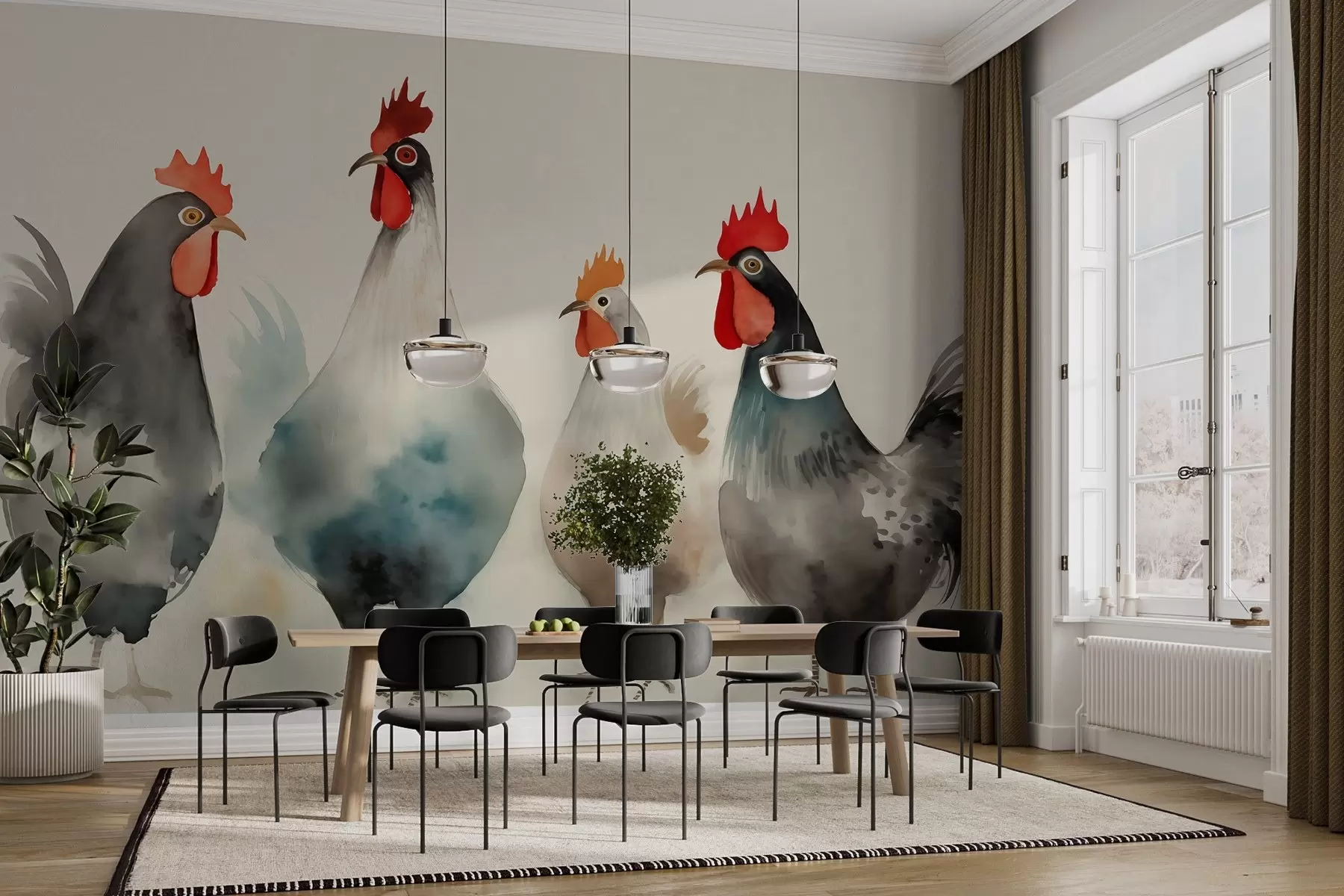 murales de pared Gallinas y gallos en estilo acuarela húmeda difuminada w01946