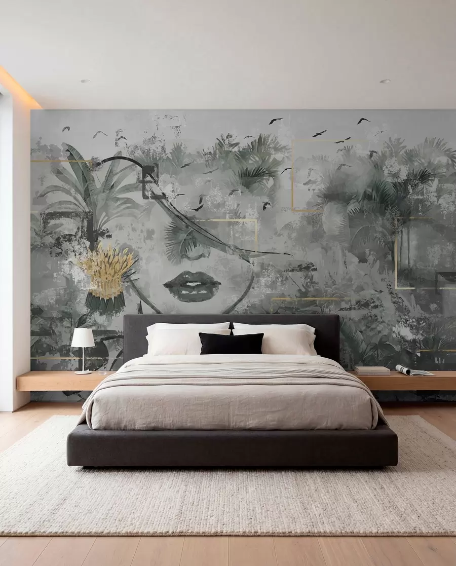 murales de pared Bosque tropical grunge y silueta de cara de niña w01916