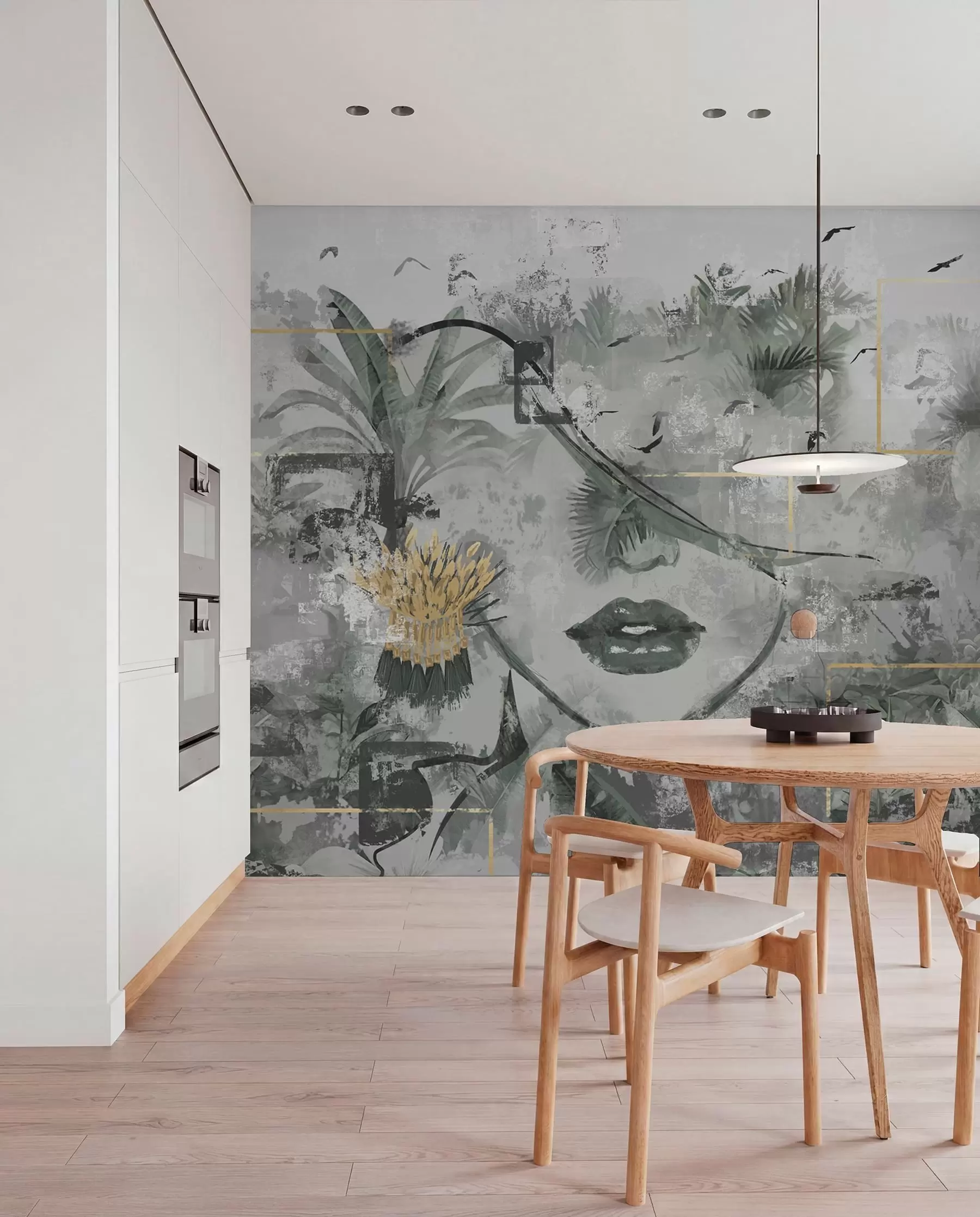 murales de pared Bosque tropical grunge y silueta de cara de niña w01916