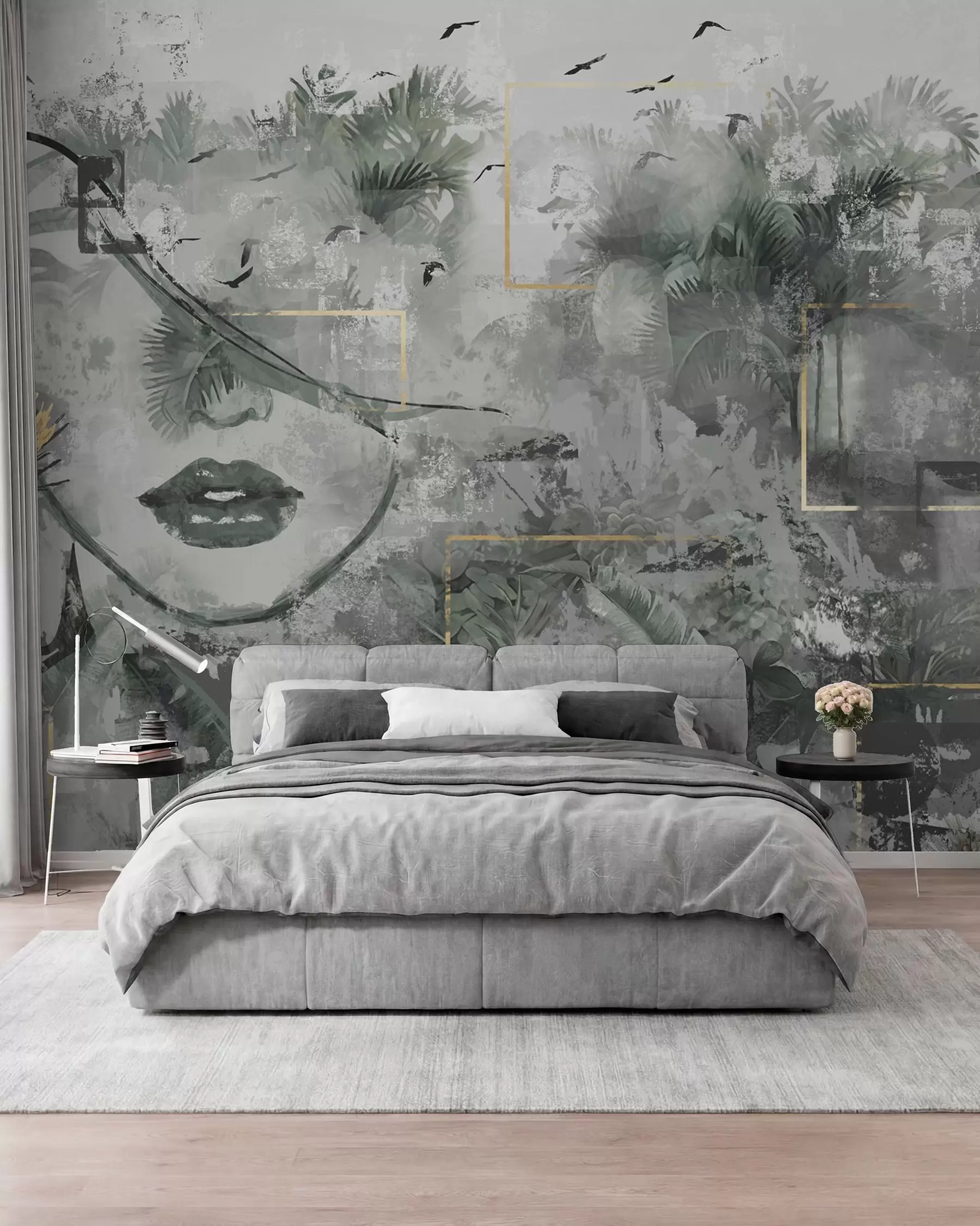 murales de pared Selva tropical grunge y silueta de la cara de una niña w01916d1