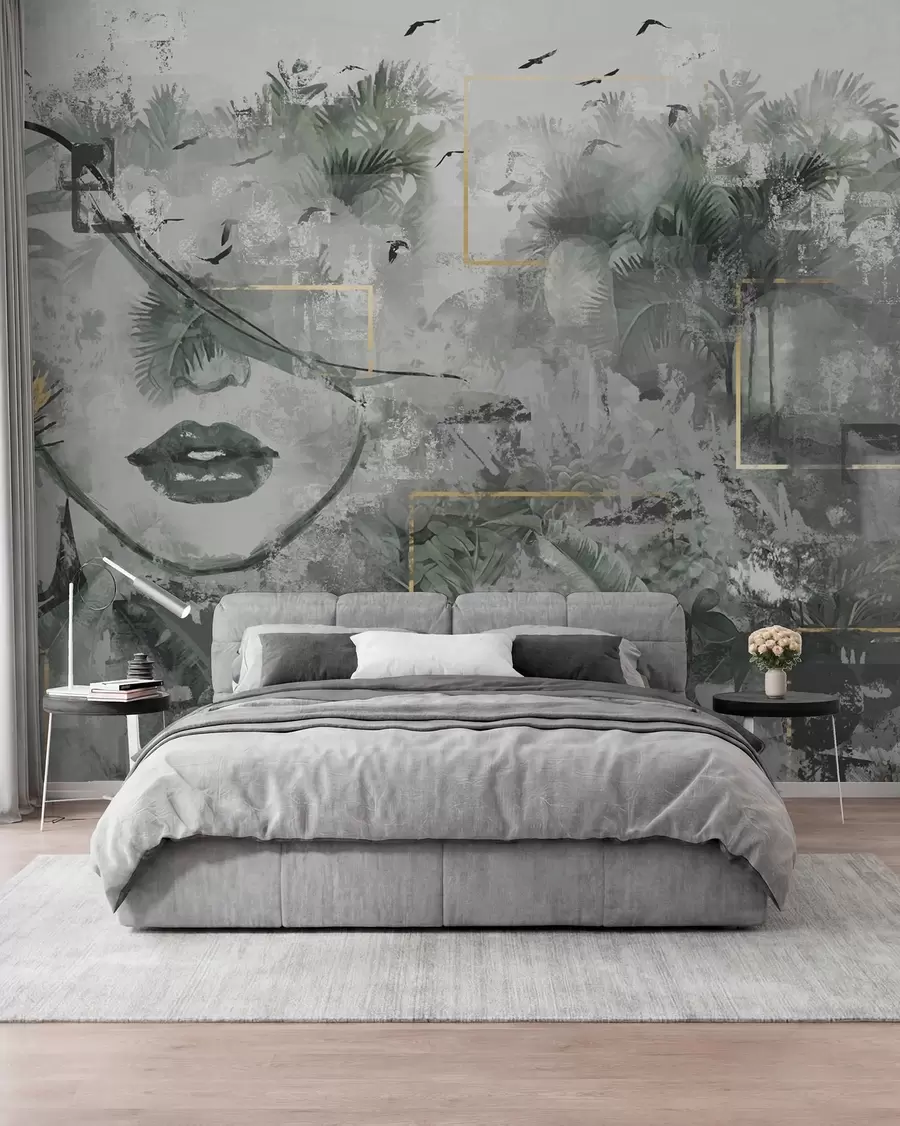 murales de pared Selva tropical grunge y silueta de la cara de una niña w01916d1