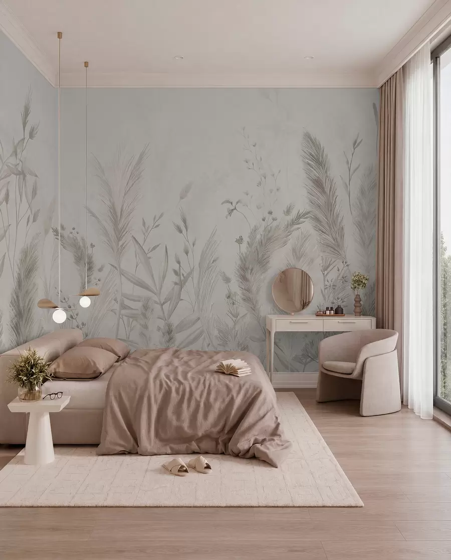 murales de pared Hierbas altas y flores en colores pastel w02004v1