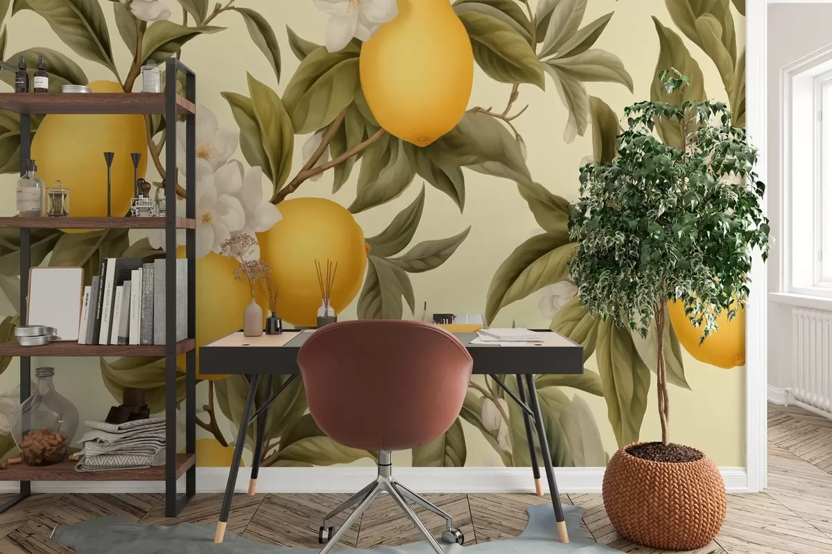 murales de pared Jugosos limones con flores blancas en las ramas w01977