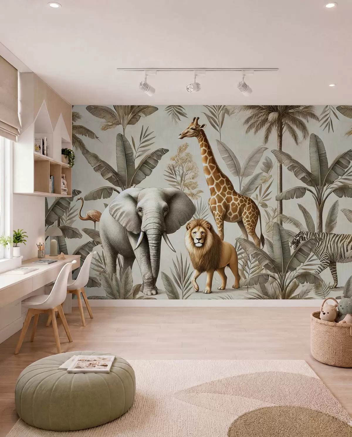 murales de pared Papel pintado infantil Safari con paisaje tropical y varios animales en elegantes colores w01956