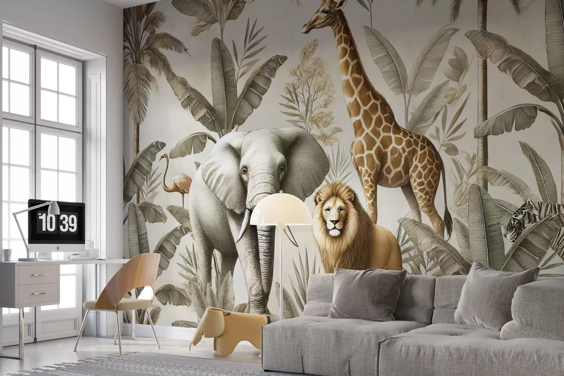 murales de pared Papel pintado infantil Safari con paisaje tropical y varios animales en elegantes colores w01956