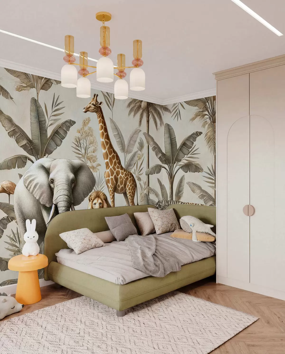 murales de pared Papel pintado infantil Safari con paisaje tropical y varios animales en elegantes colores w01956