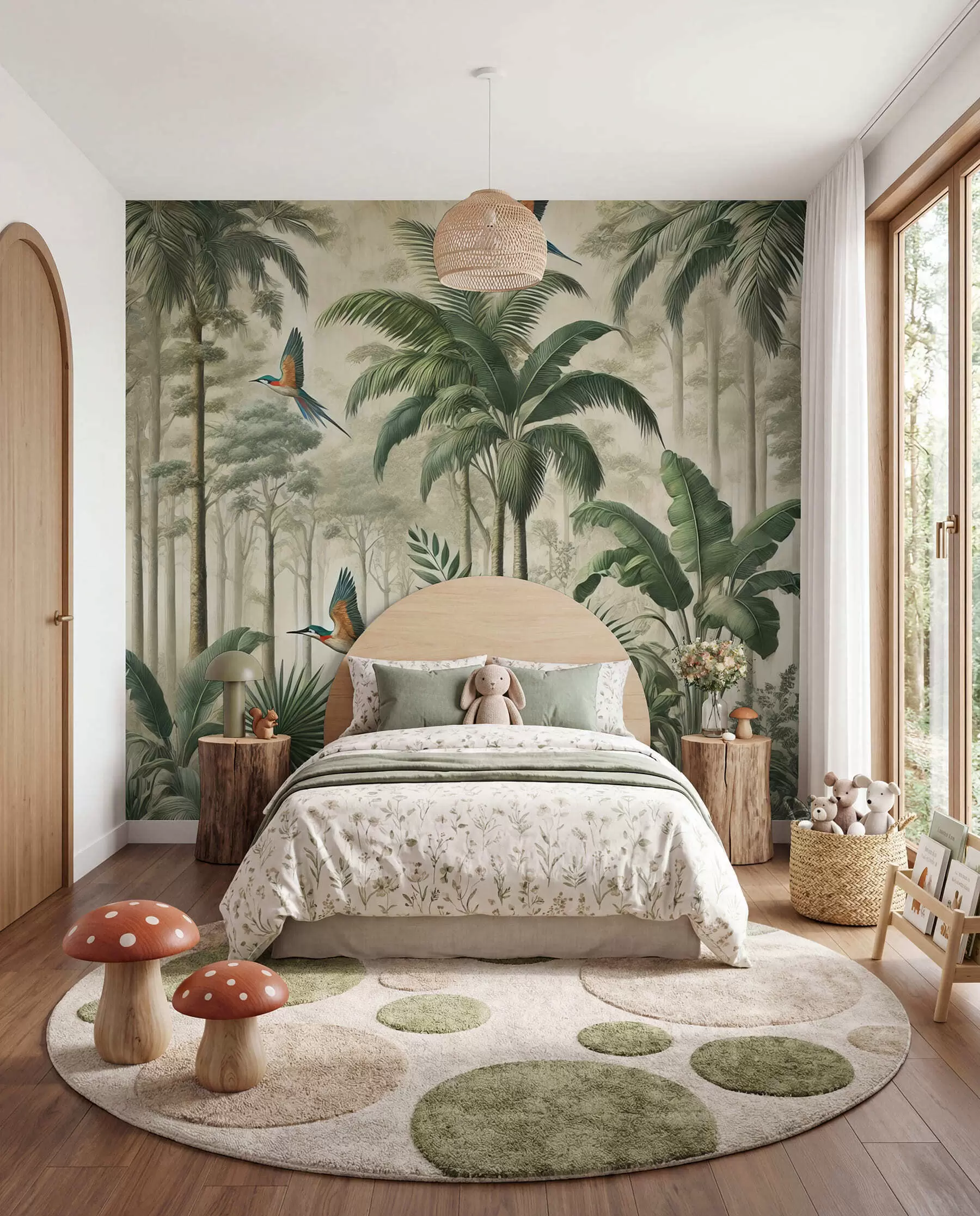 murales de pared Loros entre copas de palmeras w01957