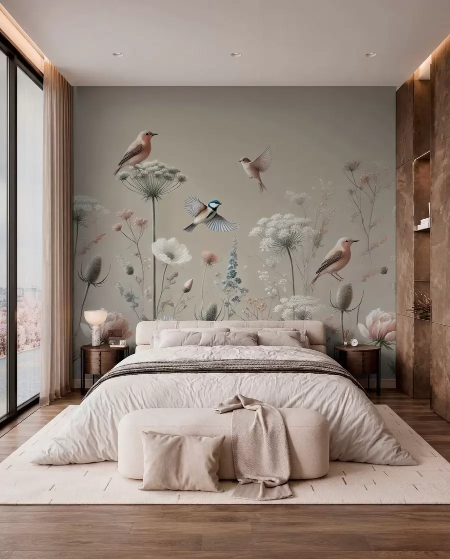 murales de pared Delicadas flores silvestres con pájaros sobre fondo beige w01958