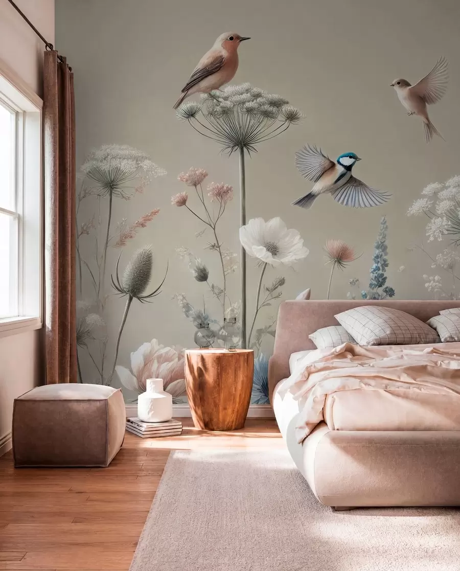 murales de pared Delicadas flores silvestres con pájaros sobre fondo beige w01958