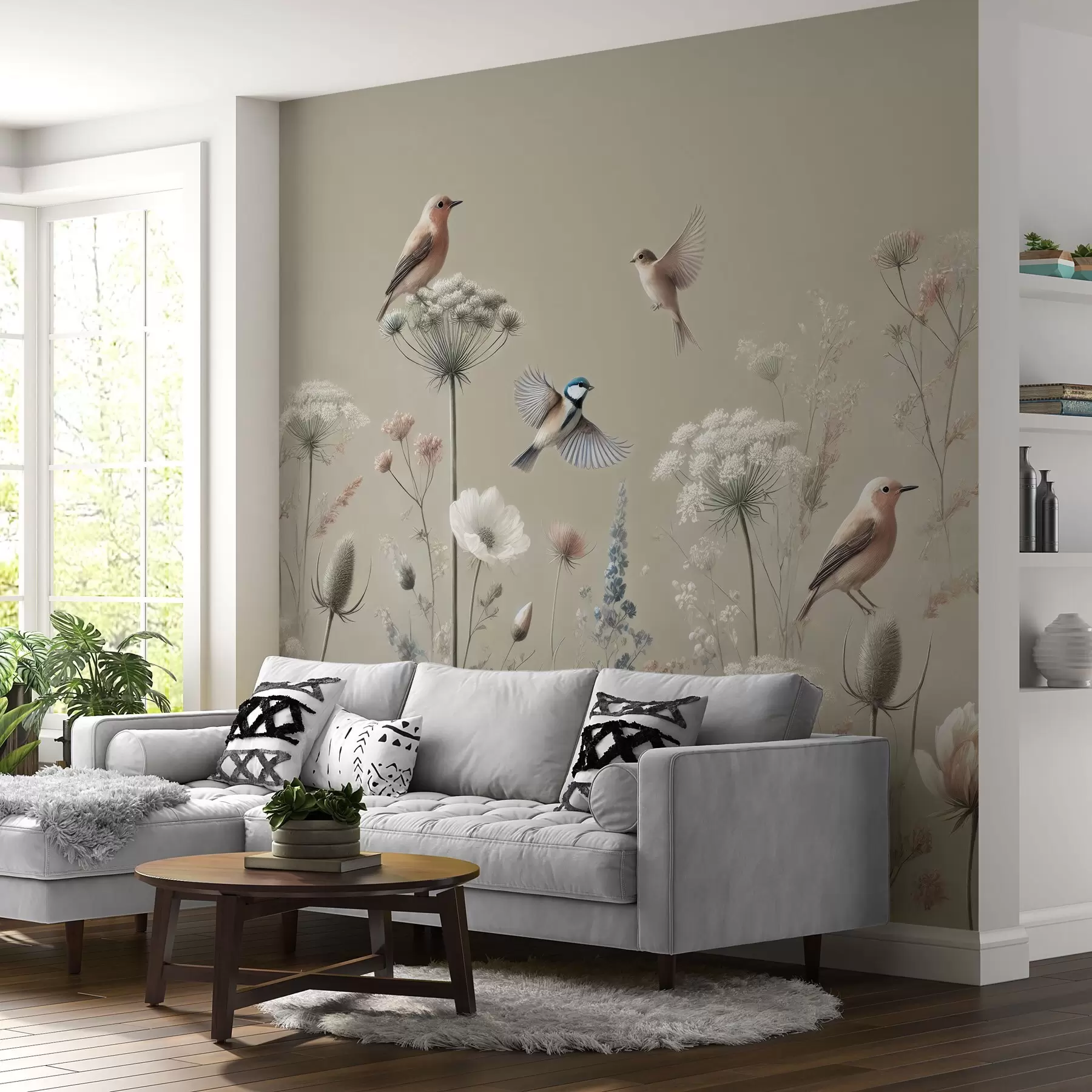 murales de pared Delicadas flores silvestres con pájaros sobre fondo beige w01958