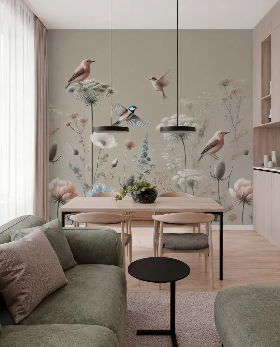 murales de pared Delicadas flores silvestres con pájaros sobre fondo beige w01958
