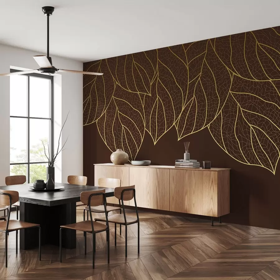 murales de pared Papel pintado minimalista con siluetas de grandes hojas amarillas veteadas sobre fondo chocolate  w01960v2