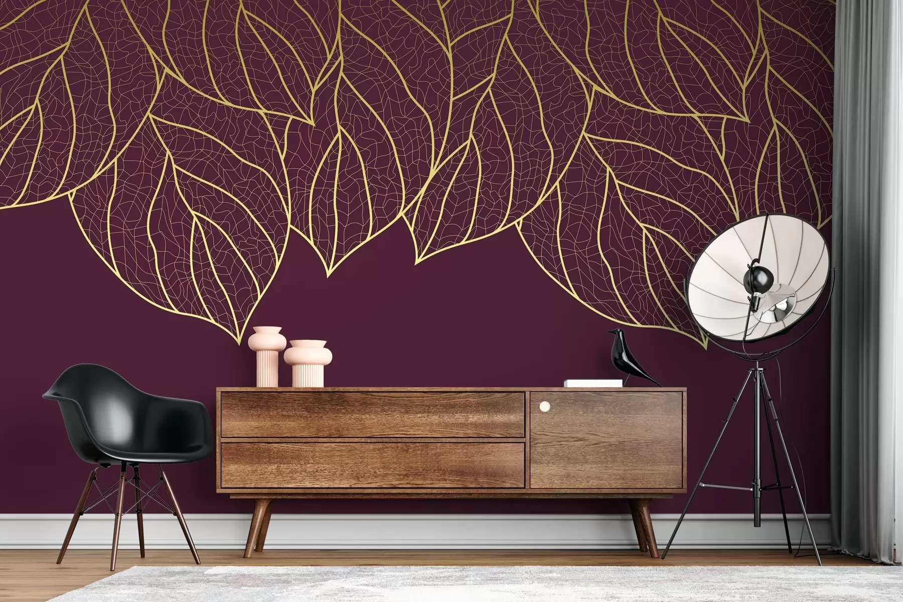 murales de pared Papel pintado minimalista siluetas de grandes hojas amarillas veteadas sobre fondo vino oscuro  w01960v4