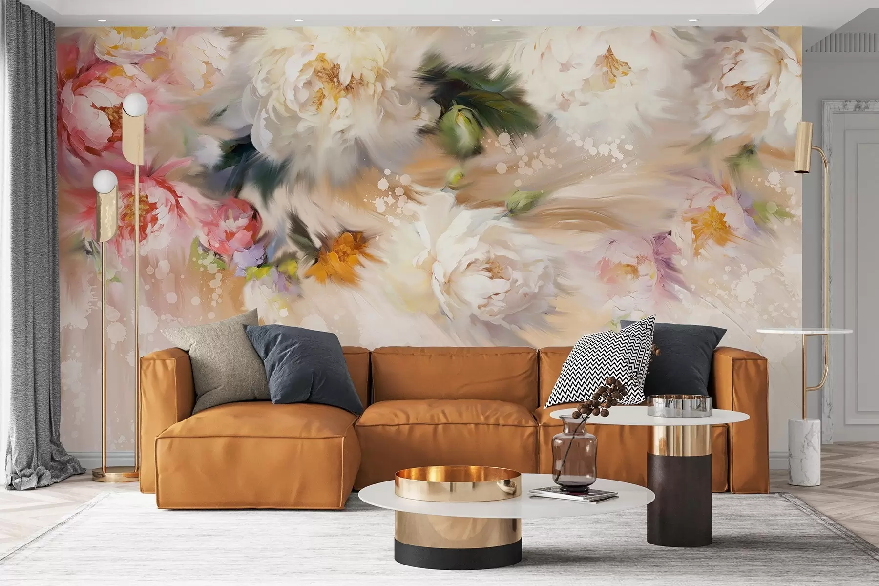 murales de pared Peonías acrílicas, pinceladas, floral, colores beige pastel suave w02021v2