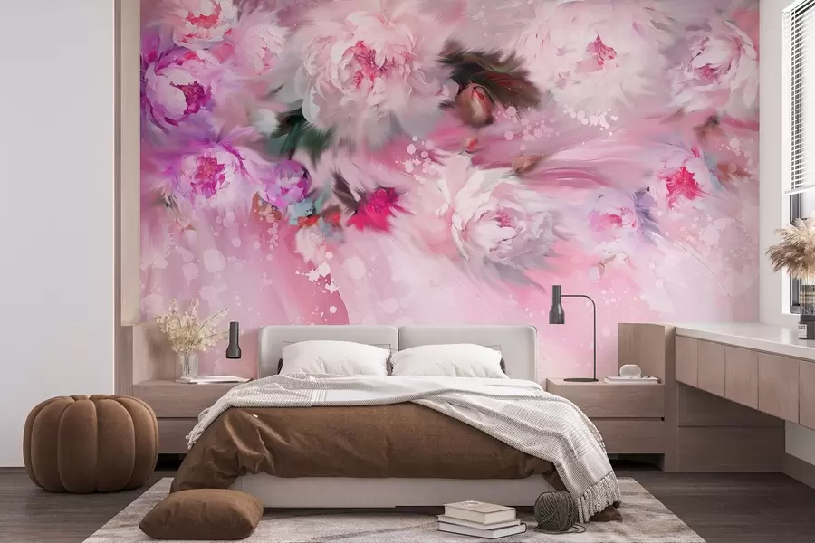 murales de pared Peonías acrílicas, pinceladas, florales, suaves colores rosa pastel w02021v1