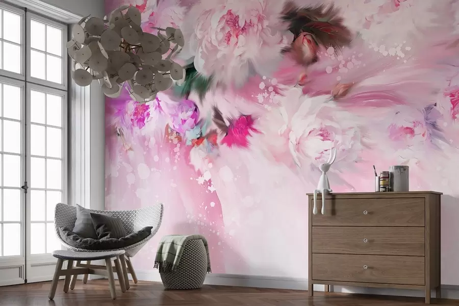 murales de pared Peonías acrílicas, pinceladas, florales, suaves colores rosa pastel w02021v1