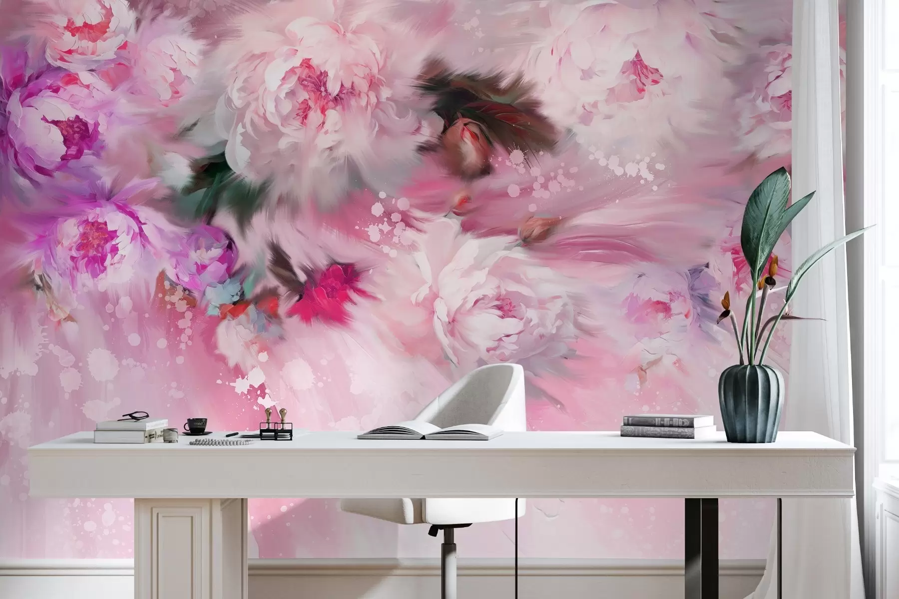 murales de pared Peonías acrílicas, pinceladas, florales, suaves colores rosa pastel w02021v1