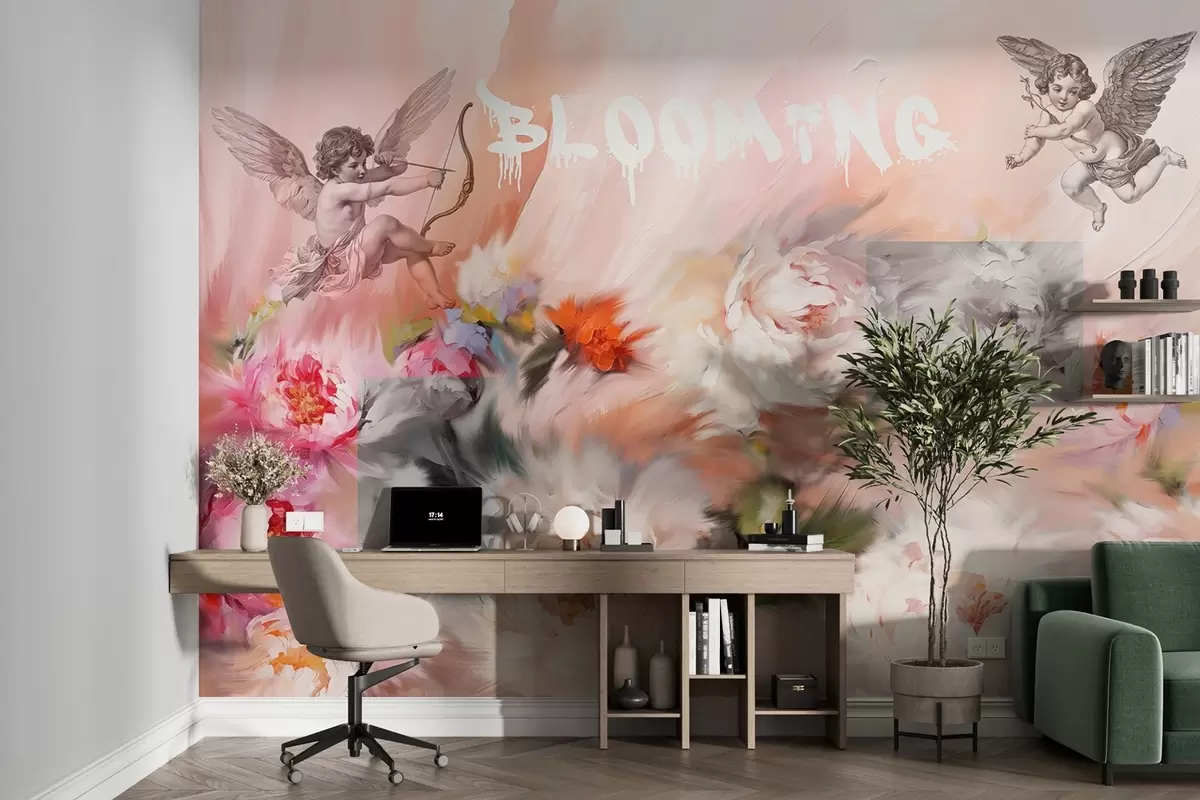 murales de pared Flores en flor, peonías, pequeños Cupidos con flechas, arte acrílico w02023