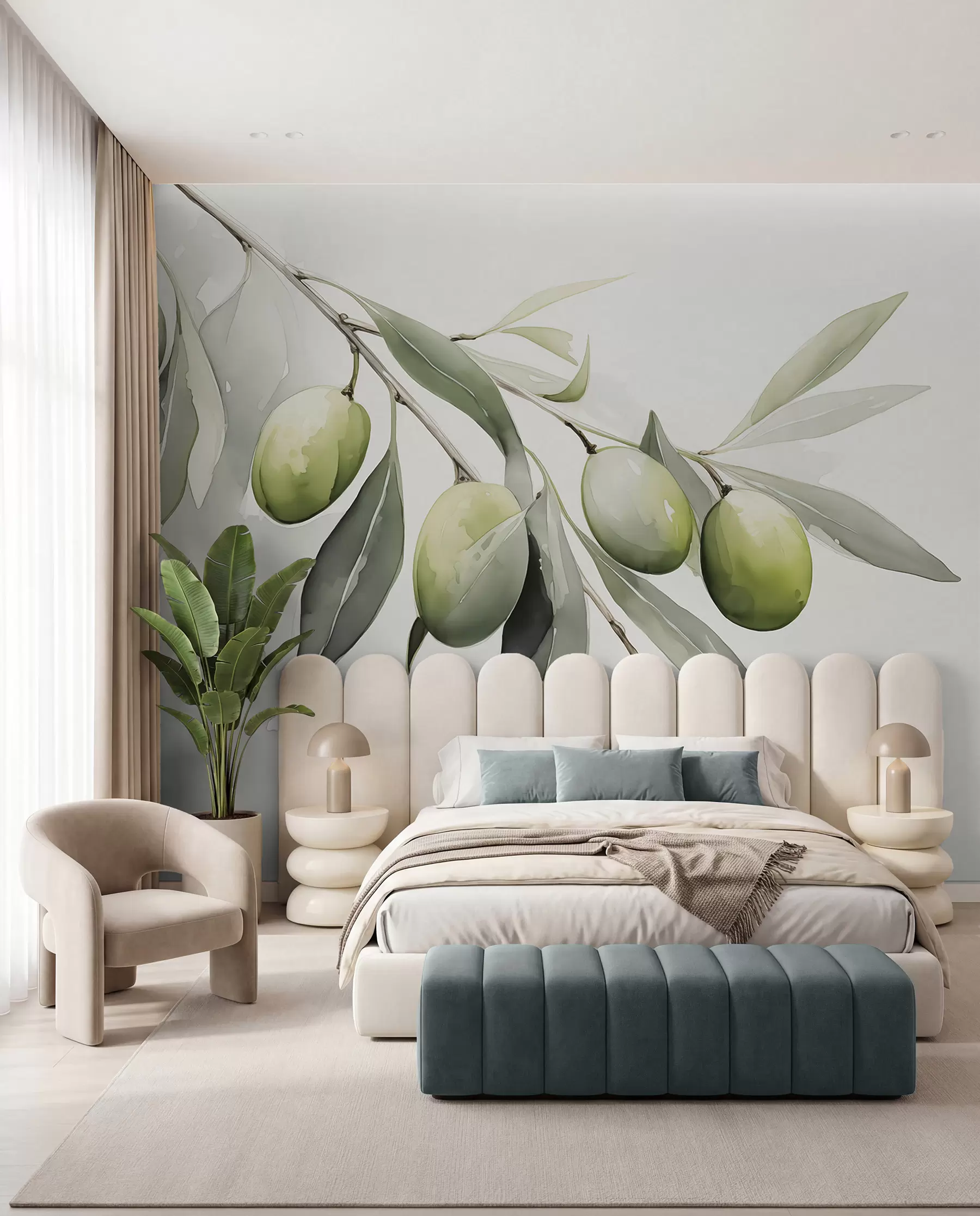 murales de pared Rama con aceitunas verdes acuarela húmeda w02042
