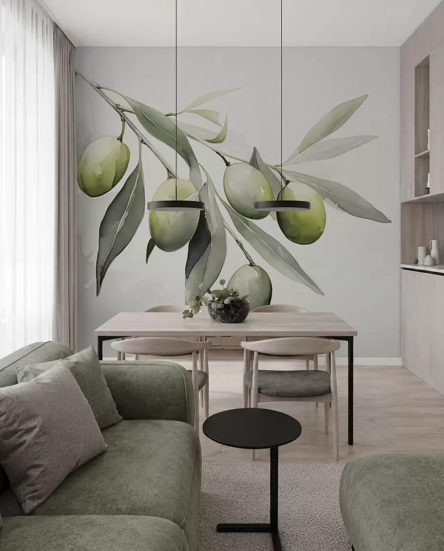 murales de pared Rama con aceitunas verdes acuarela húmeda w02042