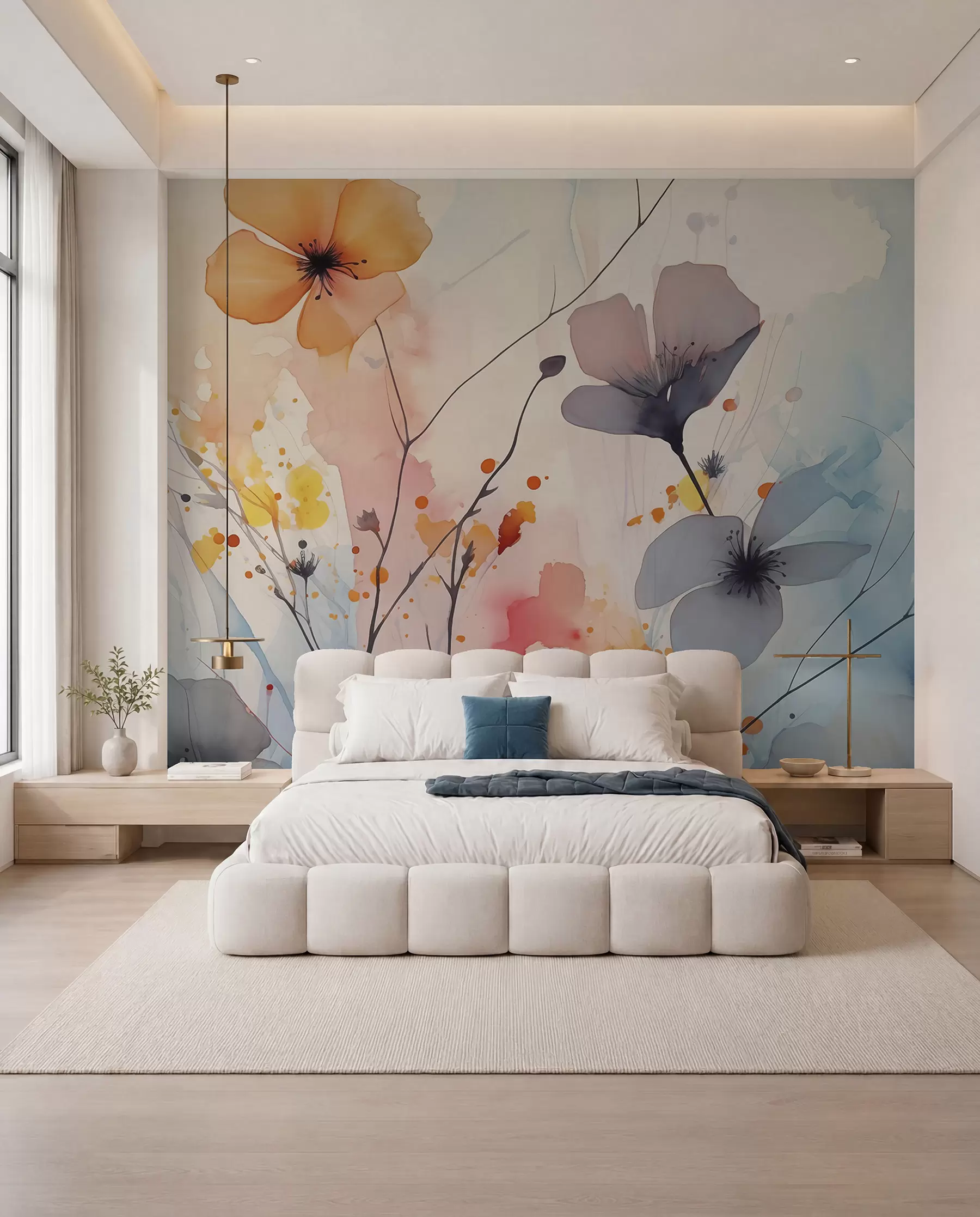 murales de pared Abstracto flores brillantes y ramas con salpicaduras de pintura acuarela húmeda w02049