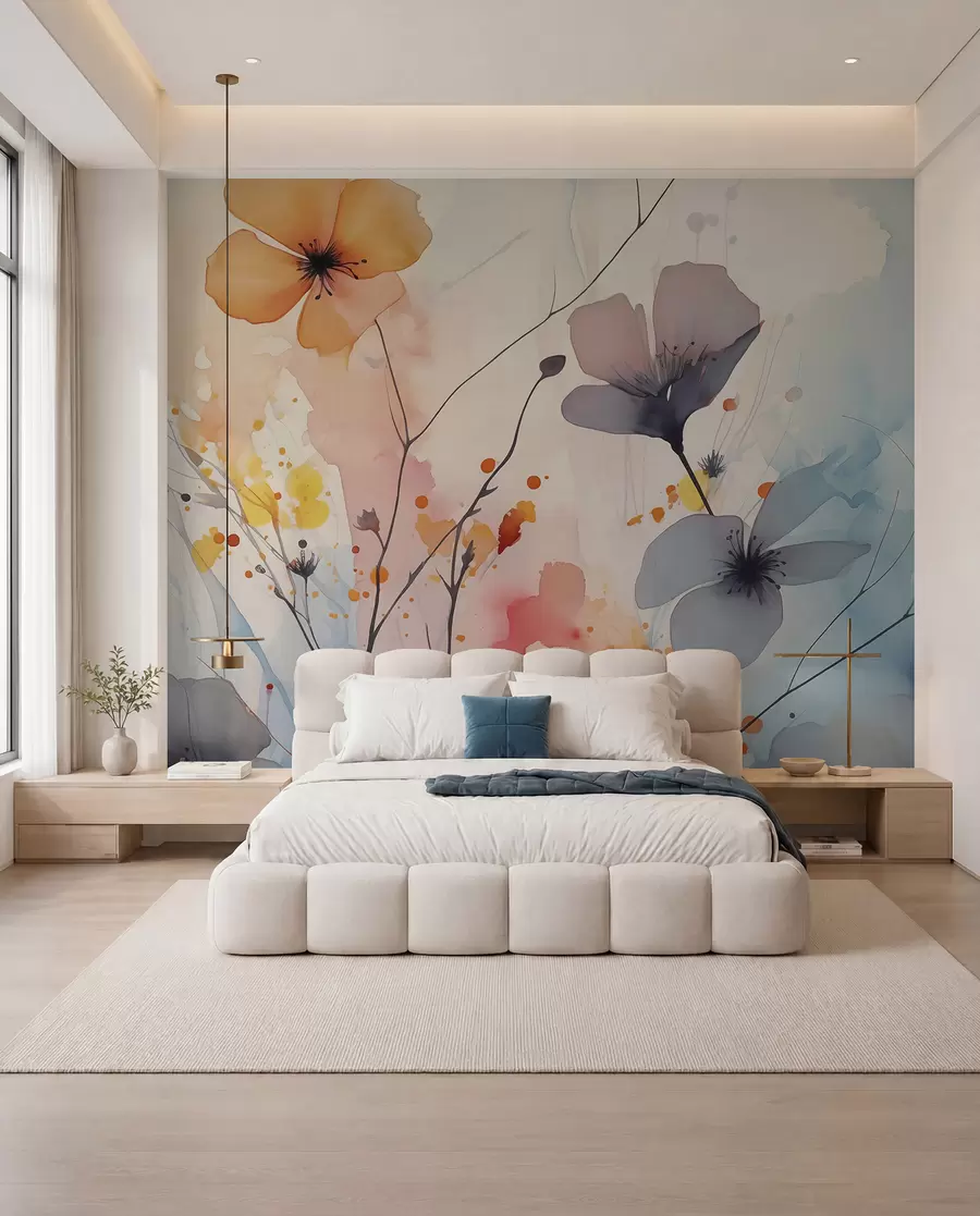 murales de pared Abstracto flores brillantes y ramas con salpicaduras de pintura acuarela húmeda w02049