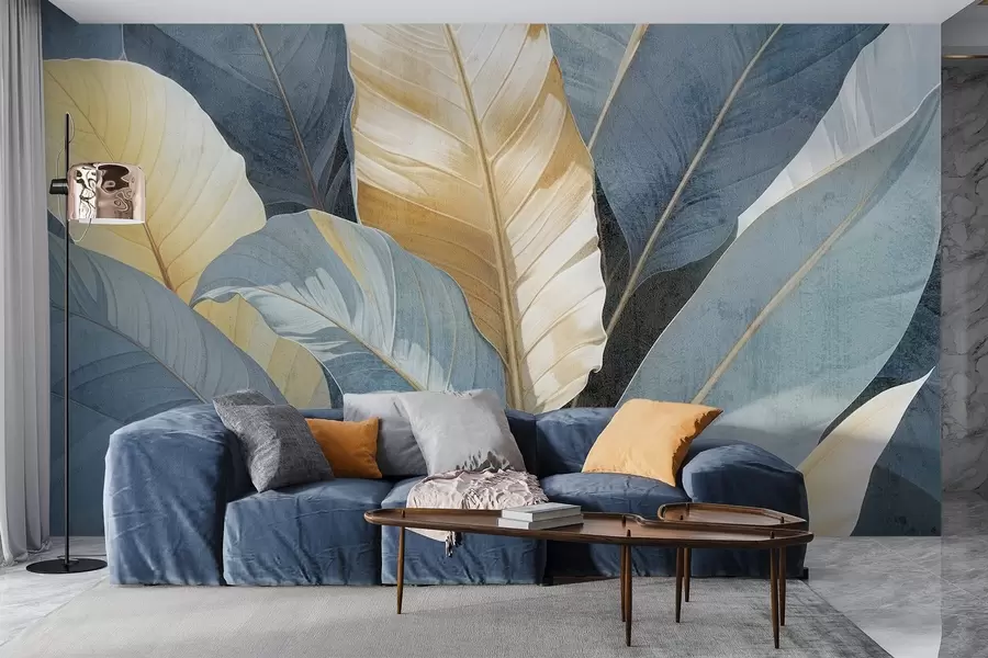 murales de pared Primer plano de grandes y exuberantes hojas tropicales decorativas con textura en tonos azules, verdes y amarillos w08373