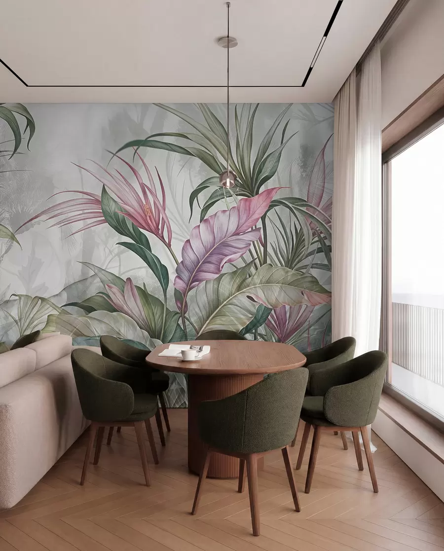 murales de pared Selva tropical con grandes hojas verdes y flores de protea rosa con fondo borroso texturizado w08375
