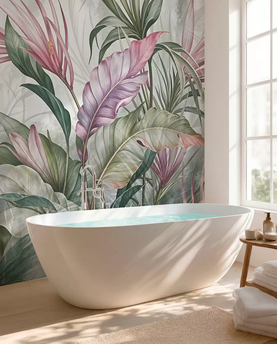 murales de pared Selva tropical con grandes hojas verdes y flores de protea rosa con fondo borroso texturizado w08375