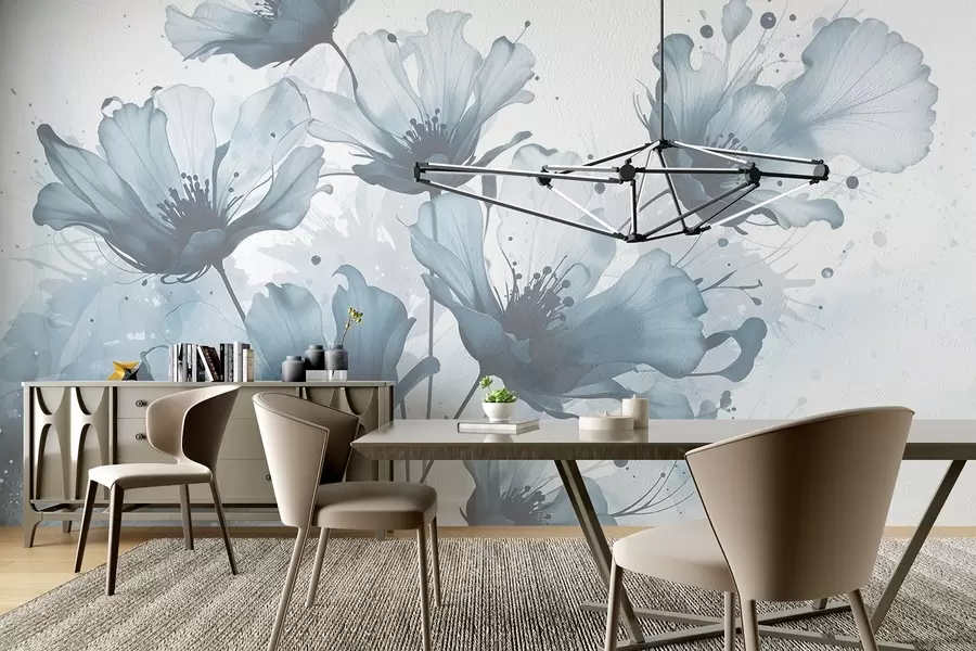 murales de pared Delicadas flores azules con suaves pétalos difuminados y salpicaduras de acuarela sobre un fondo claro w08376