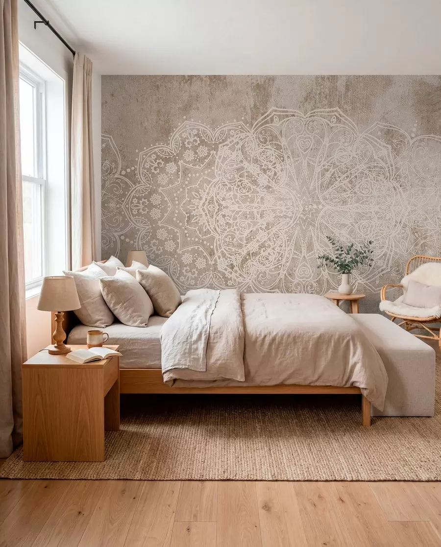 murales de pared Un detallado e intrincado dibujo de mandala de encaje blanco sobre un fondo de pared de color marrón beige con textura de loft w08387v1