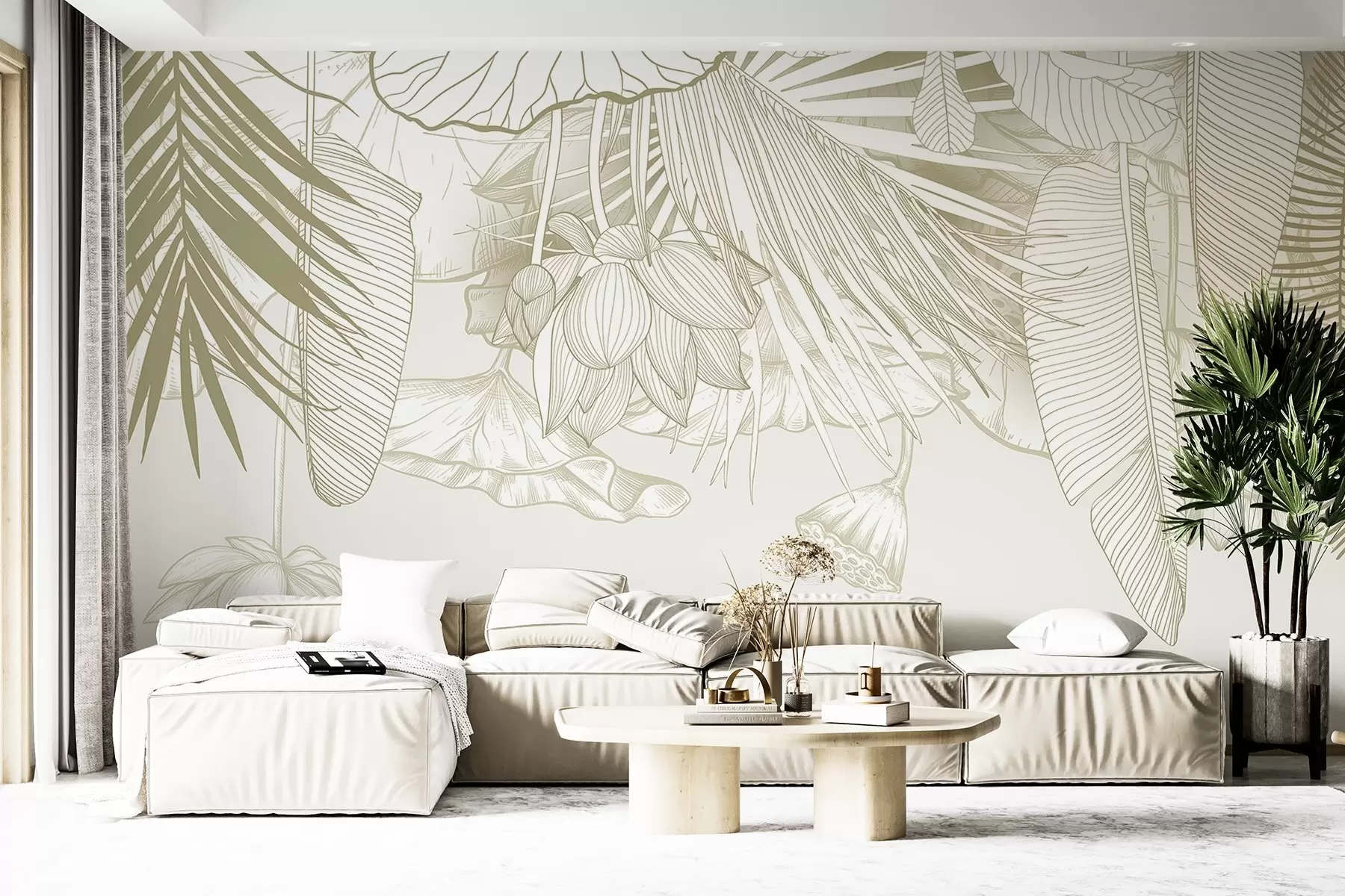 murales de pared Un primer plano de un estampado floral beige con grandes pétalos y hojas superpuestas en un color monocromo w08389