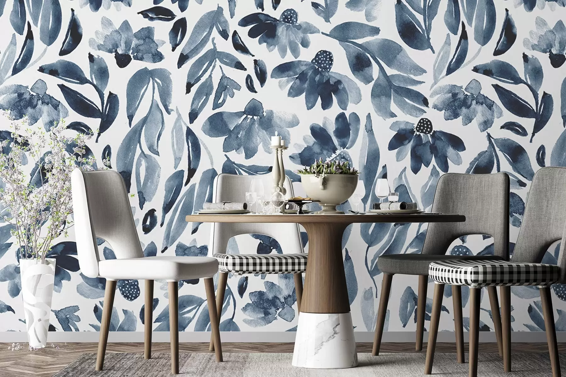 murales de pared Elegante motivo floral en tonos azules u99457