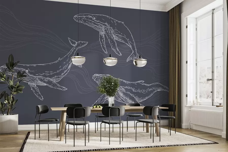 murales de pared Graciosas ballenas en movimiento oceánico u99733v1