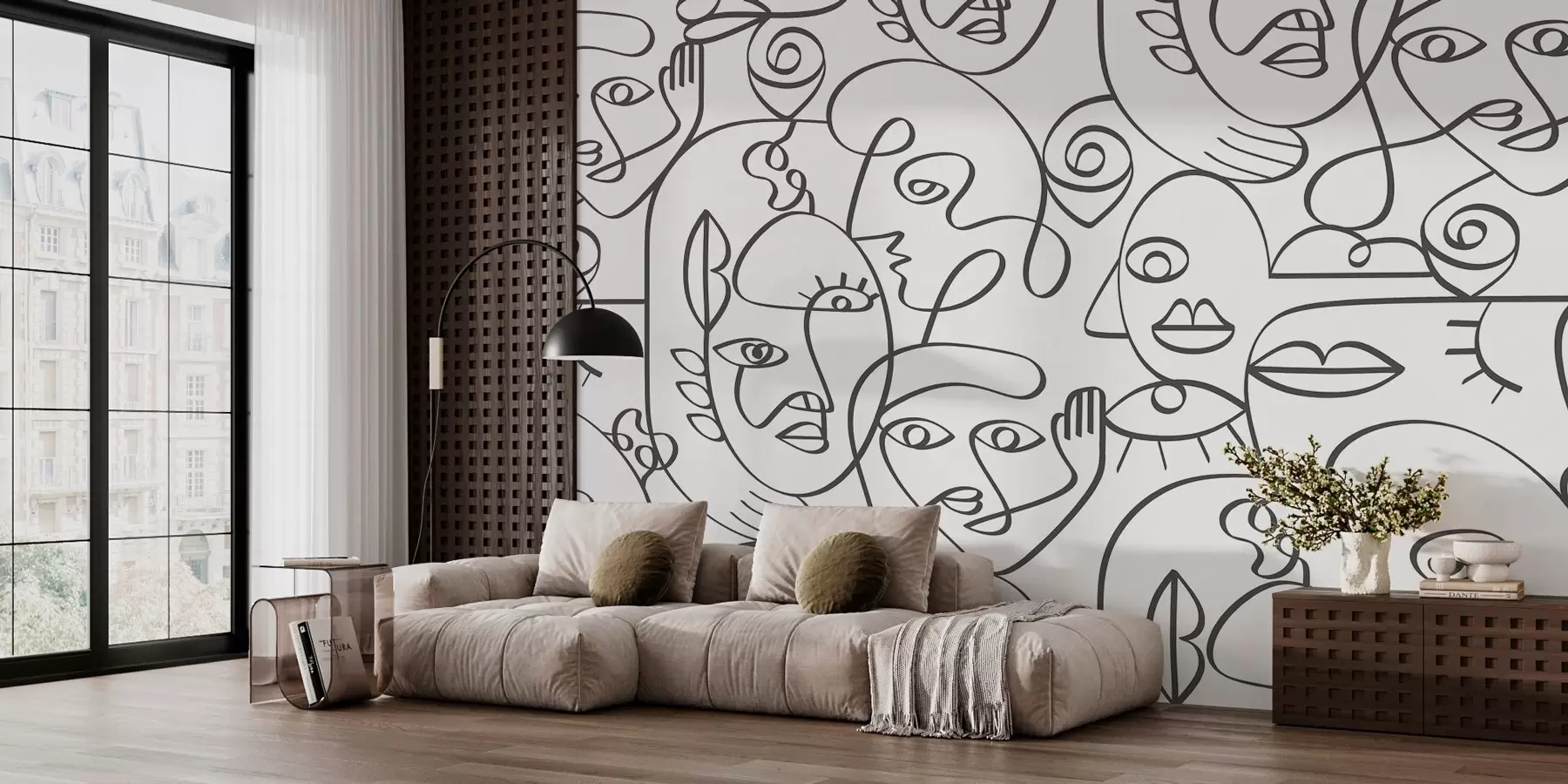 murales de pared Caras abstractas en un intrincado arte lineal w00131