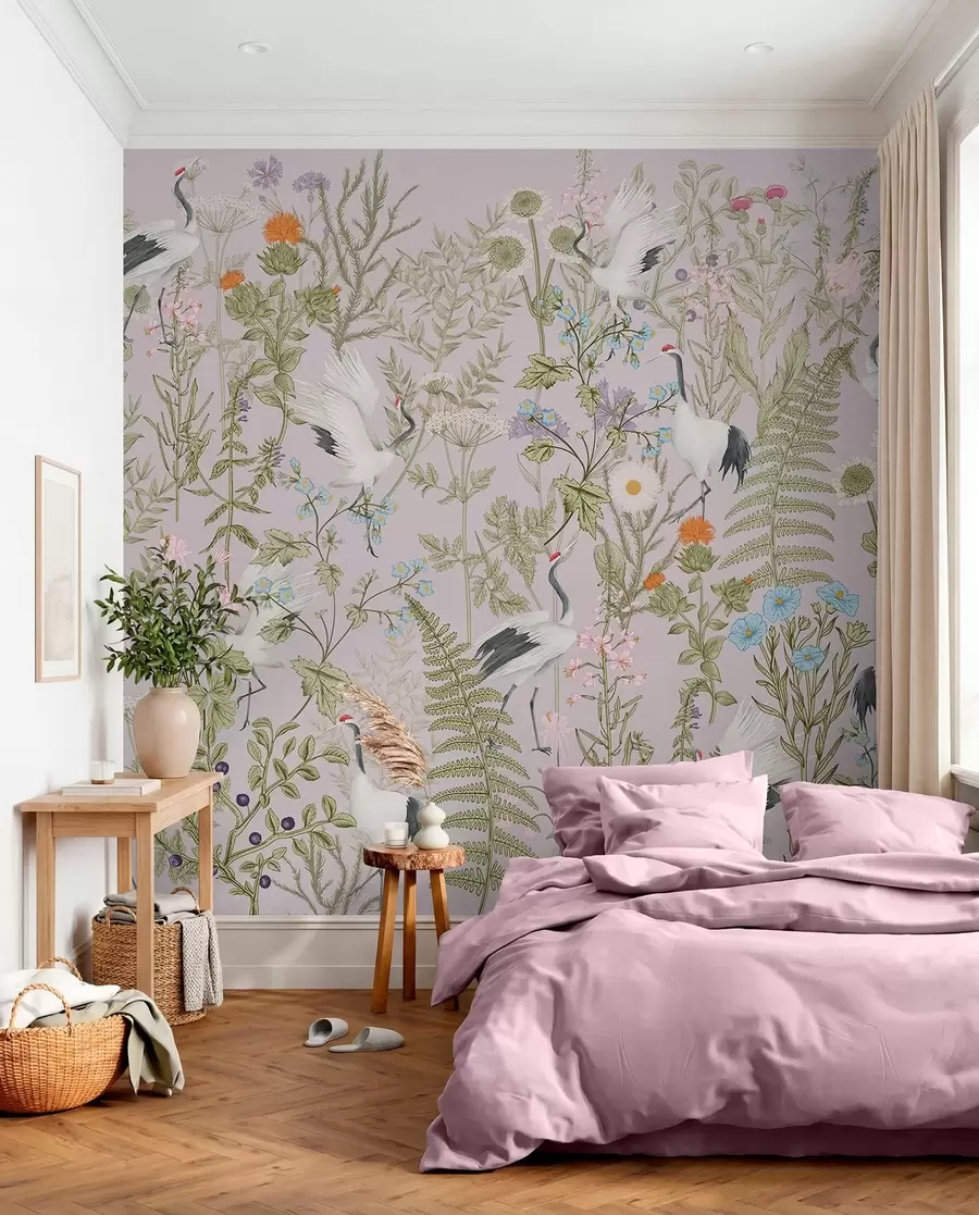 murales de pared Elegantes grullas entre flores vibrantes w00380v3