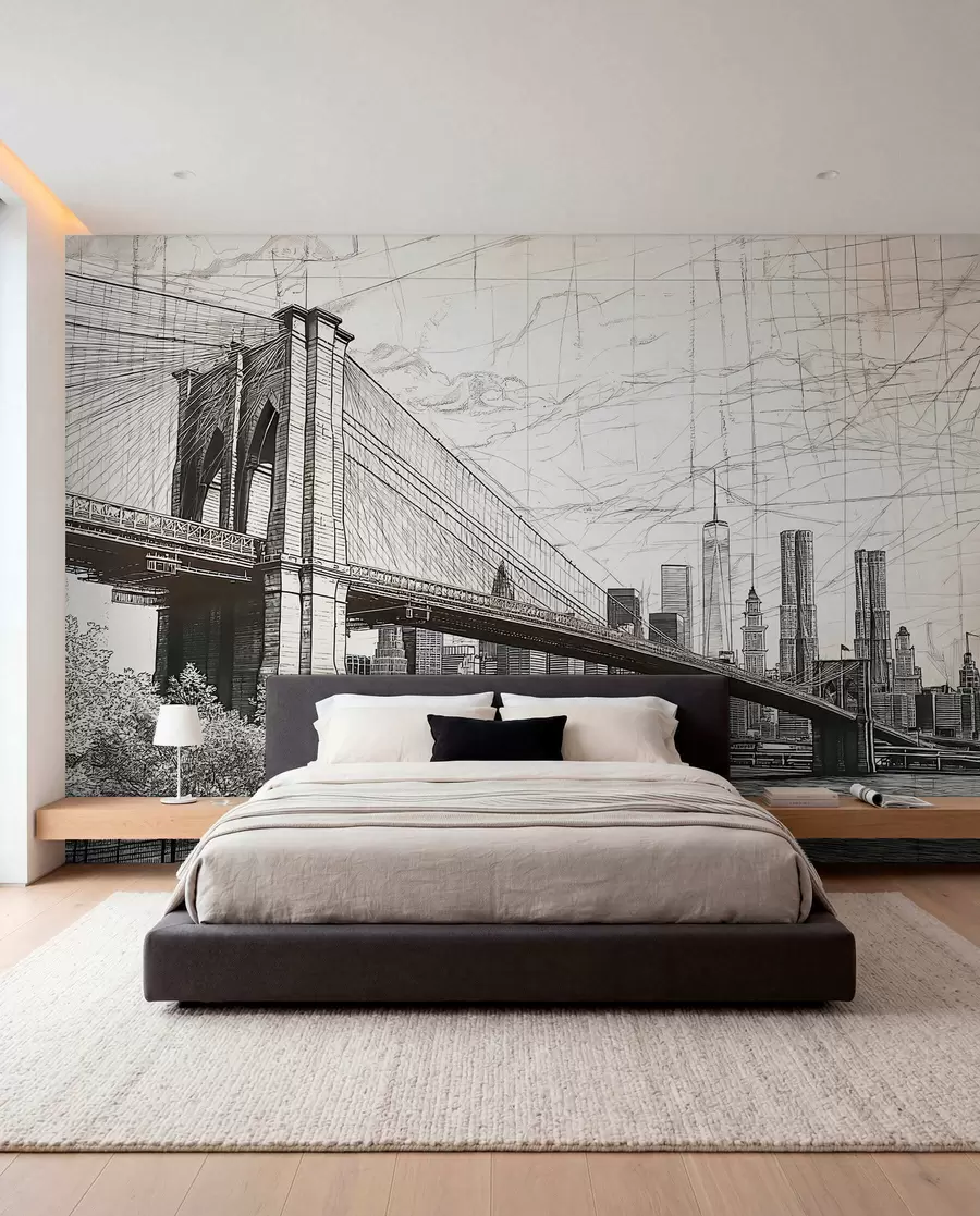 murales de pared Panorama del puente de Brooklyn realizado con una técnica retro abocetada con líneas y arañazos w01961